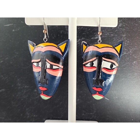 Painted Wooden Dangling Cat Face Earrings Vintage Costume Jewelry New Old Stock - Picture 3 of 10